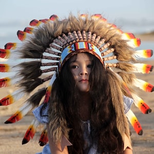 Puede incluir: Una persona joven lleva un tocado tradicional nativo americano con plumas marrones y abalorios rojos, blancos y azules. El tocado est&aacute; adornado con plumas y abalorios coloridos.