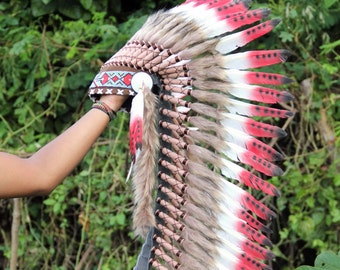 Indian headdress replica, red and white feathers , medium length