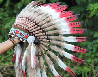 Indian headdress replica, white and red feathers short length