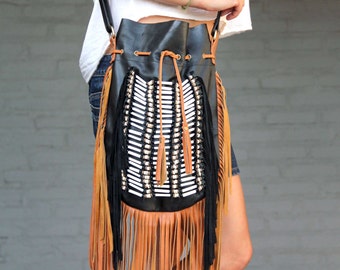 Boho fringed leather bag, black with tan fringes, leather bag, bohemian style purse, large size