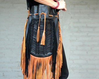 Fringe leather bag, boho leather purse black with tan fringes and black bone choker, large size