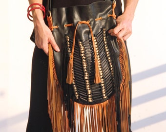 Boho leather bag, black leather bag with tan fringes and black and natural choker, fringe leather purse, large size