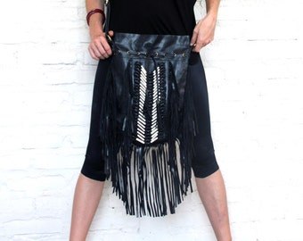 Fringe leather bag, boho leather purse, black and white leather bag, bohemian festival style, large