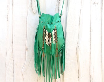 Boho leather bag, green fringed leather handbag, boho purse