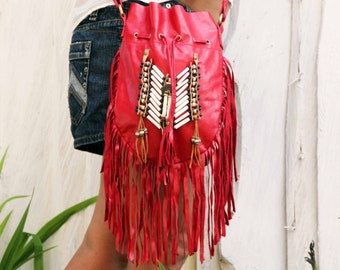 Boho fringe leather bag, red leather purse, medium size