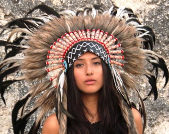 Indian  headdress replica , black, cream and red, short length, warbonnet native american style, feather headpiece