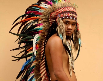 Indian headdress replica,multicolored feathers,long