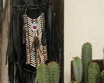 Black leather bag, fringe bag, boho bag, gypsy bag