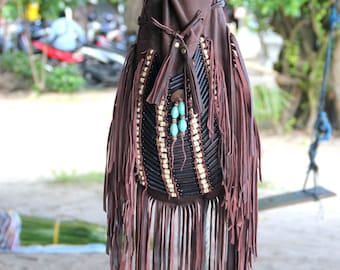 Boho leather fringed bag, large size,  antique brown, bohemian bag