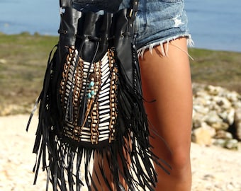 Black leather bag, boho handbag, large size, bohemian, fringe shoulder bag