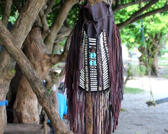 Boho Leather Fringe Bag: Large Antique Brown, Bone Bead Detail