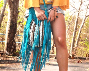 Boho  leather bag, turquoise fringe purse, large size, crossbody bag