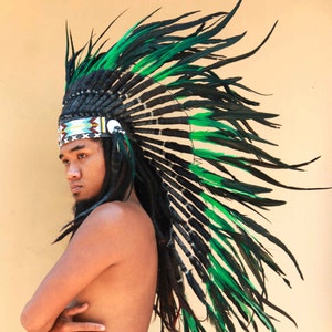 Indian headdress replica, medium length feathers headdress, black and green warbonnet, native american inspired image 2