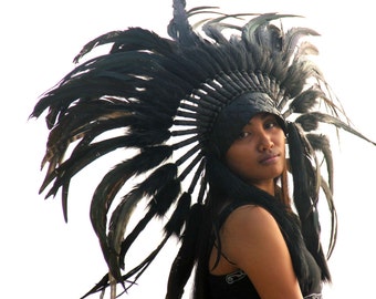 Indian headdress replica, Black feathers, short length,