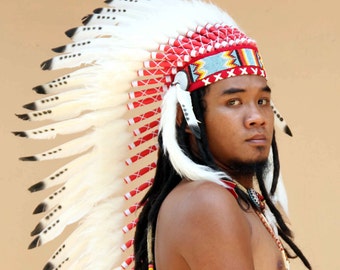 Indian headdress replica, black and white feathers, medium length