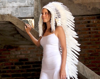 White indian headdress replica, long length