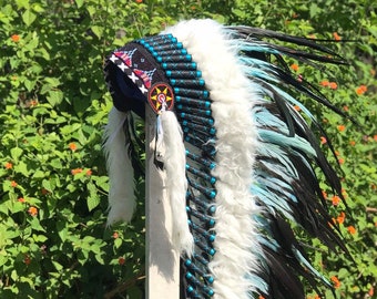 Medium Indian headdress replica, turquoise feathers