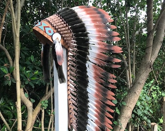 Indian headdress replica, brown and white feathers, medium length,