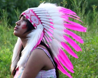 Indian headdress replica made with pink feathers, short length