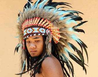 Indian headdress style turquoise feathers, short lenght