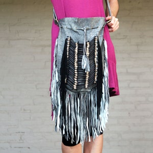 Boho leather bag, antique grey, indian style fringed purse