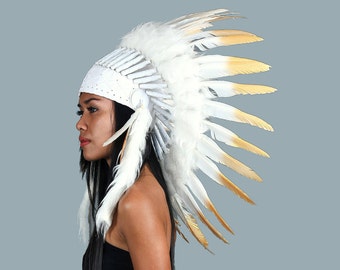 Indian headdress replica, short  length, white and gold