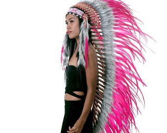 Indian headdress replica, pink feathers, long