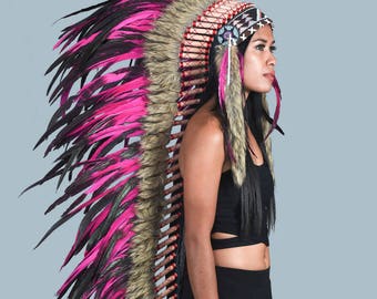 Indian headdress replica made with rooster feathers, long