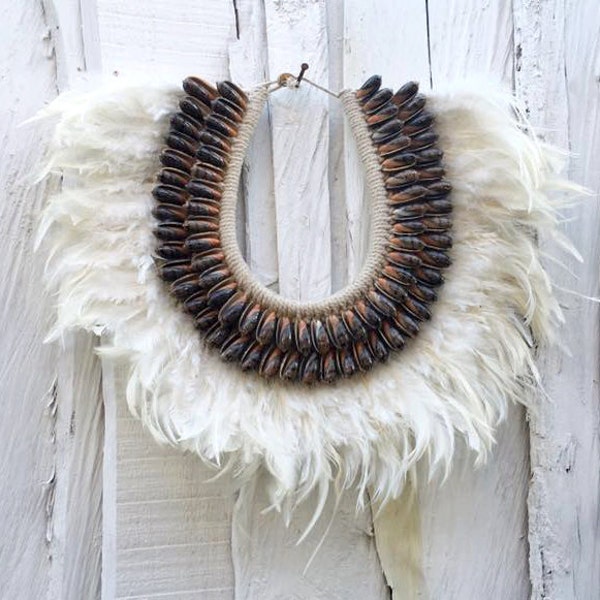 ON SALE Papua Necklace home decor, white feathers and brown shells