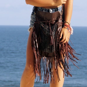 Boho Fringe Leather Bag Dark Brown With Black Bone Choker 