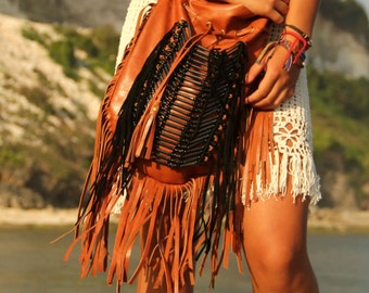 Bolso bohemio de piel con flecos: bolso de hombro de inspiración india