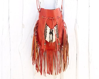 Fringe leather bag, boho leather purse, orange  fringe handbag