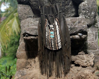 Handmade Green Olive Leather Fringe Bag, Boho Bone Bead Choker