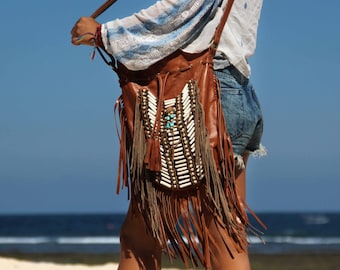 Boho purse, leather fringed Bag, large size, ligth brown, fringe shoulder bag