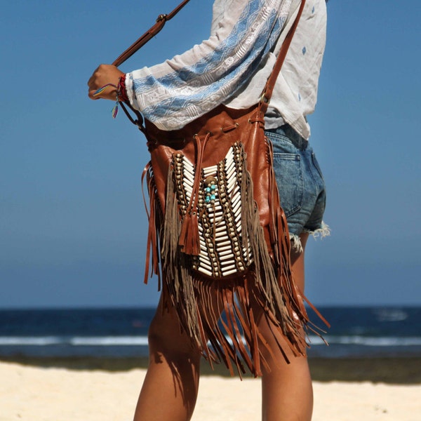 Bolso Boho, bolso con flecos de cuero, tamaño grande, marrón ligth, bolso bandolera con flecos