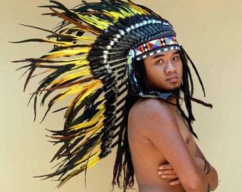 indian headdress,black and yellow feathers headdress,long length warbonnet