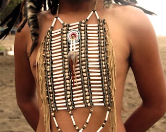 Indian style breastplate, made with bone and brown suede, bone choker, Indian inspired choker