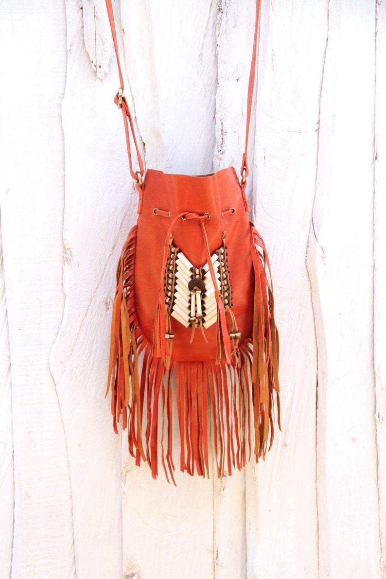 Fringe Leather Bag Boho Leather Purse Orange Fringe Handbag - Etsy