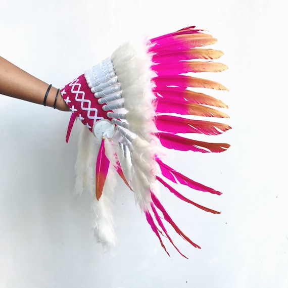 Pink and White Feather Headdress Indian Headdress - Pink and White - Reny main image 4