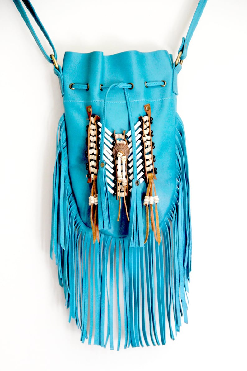 Fringed Leather Bag Boho Style Turquoise Leather Purse Gypsy Etsy