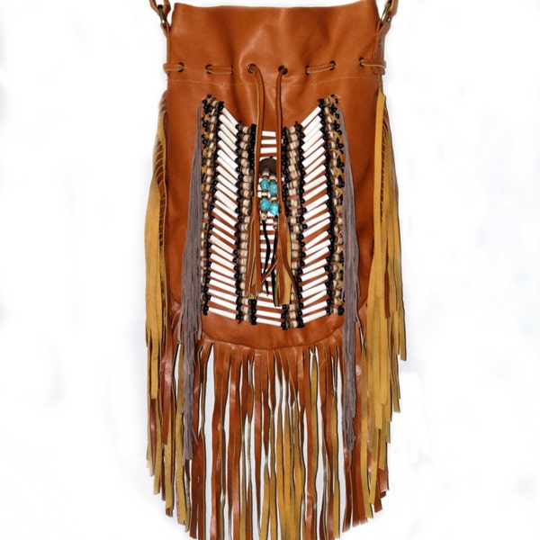 Fringe leather bag, boho leather purse, tan leather  handbag