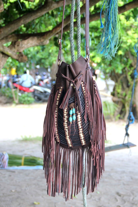 Boho Leather Fringed Bag Large Size Antique Brown Bohemian 