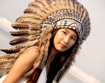 Indian Headdress replica, brown feathers, medium length, boho headpiece