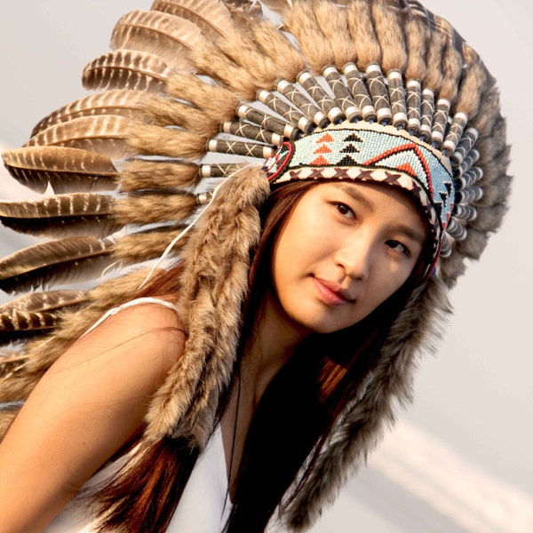 Indian Headdress replica, brown feathers, medium length, boho headpiece