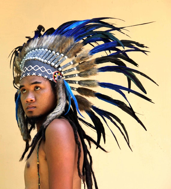 ON SALE Blue Feathers Indian Headdress 