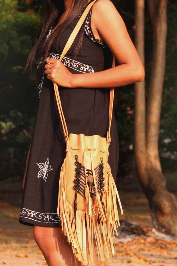 Tan Leather Fringe Bag: Boho Beaded Purse - Etsy