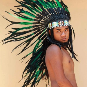 Indian headdress replica, medium length feathers headdress, black and green warbonnet, native american inspired image 4