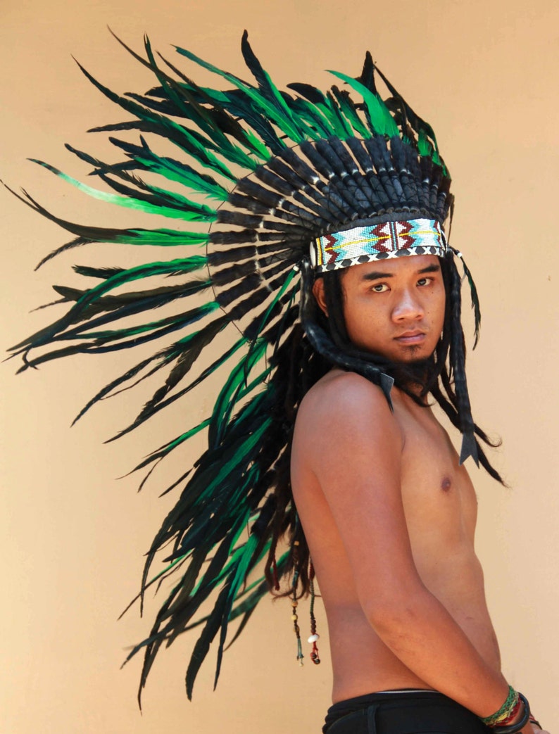 Indian headdress replica, medium length feathers headdress, black and green warbonnet, native american inspired image 4