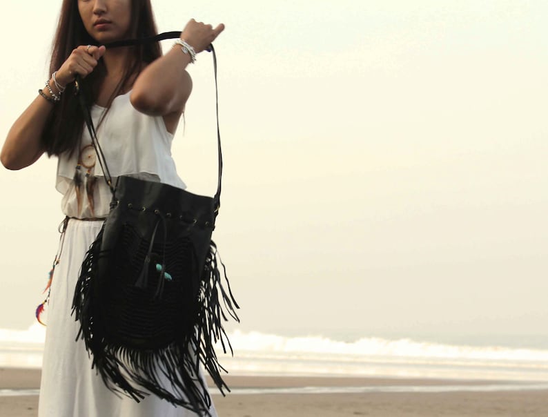 Black leather bag, leather fringe bag, boho bag, bohemian bag, gypsy bag image 4