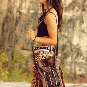 ON SALE Brown leather bag with black and brown choker, fringed boho bag, bohochic, shoulder bag, leather purse image 2